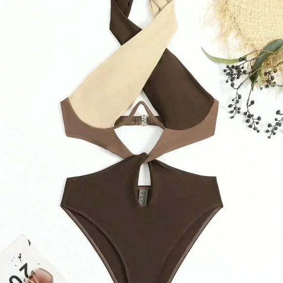 Multicolor Women's Beach Colorblock Criss Cross Halter One-Piece Swimsuit - Picture 6 of 6